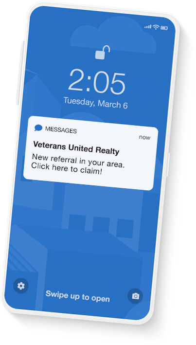 Mobile splash screen with message alert from Veterans United Realty